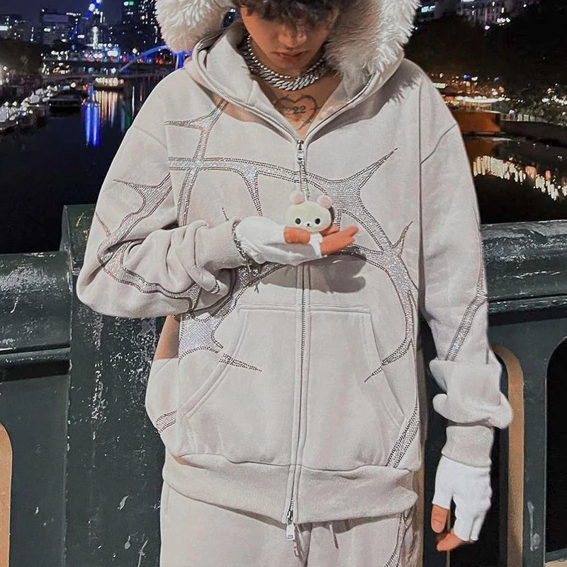 

2023 Harajuku Rhinestone Graphics Hooded Zipper Sweatshirt Sweatpants Y2K Retro Grunge Tracksuits Long Sleeve Pants Hoodies Tops