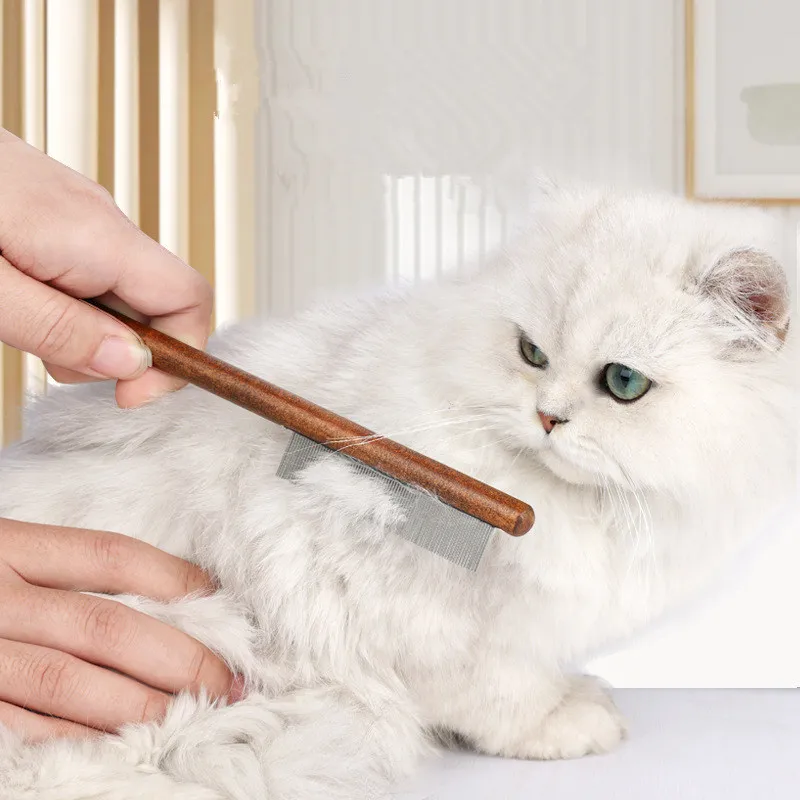 Borttagningsmedel för rostfritt stål Trähandtag Katt Hår Kam Husdjursvård Massage Hundborste Rengöringsverktyg Husdjurstillbehör_voghion.com