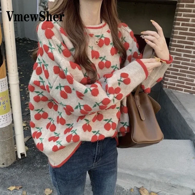 

VmewSher Chic Cherry Pattern Sweater Women Loose Autumn Winter New Vintage O Neck Knitted Pullover Thick Knit Long Sleeve Tops