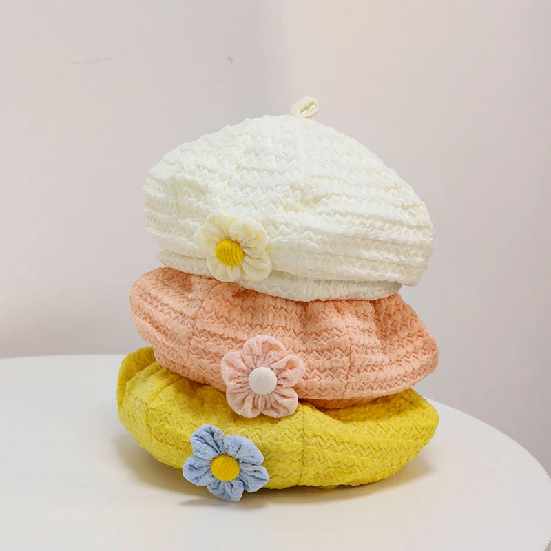 

Fashion Baby Hat Spring Solid Girls Beret with Fold Flower Decor Infant Toddler Kids Sweet Casual Outing Hats Artist Painter Cap