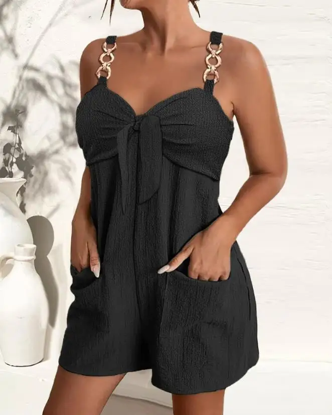 Women's Jumpsuit Summer New Product Recommendation Solid Color Lace Up Pocket Design Metal Buckle Suspender Casual Jumpsuit