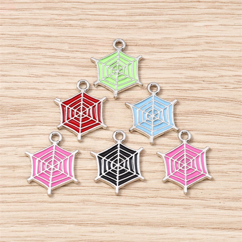 10 Stück 16 x 19 mm niedliche bunte Emaille-Spinnennetz-Charms-Anhänger für Schmuckherstellung, Halsketten, Ohrringe, Armbänder, DIY-Bastelbedarf – Detail 10