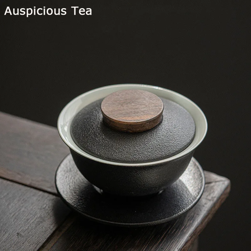200ml Japanese Style Black Pottery Gaiwan Ceramic Tea Bowl Household Coarse Pottery Hand Grasp Bowl Kung Fu Tea Set Cup Gift