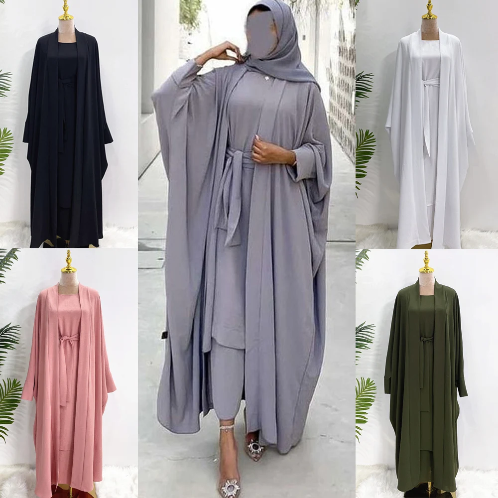 

Turkey Dubai Open Abaya Dress Two Piece Set Eid Ramadan Muslim Women Kimono Cardigan Islamic Clothing Modest Jalabiya Robe Gown