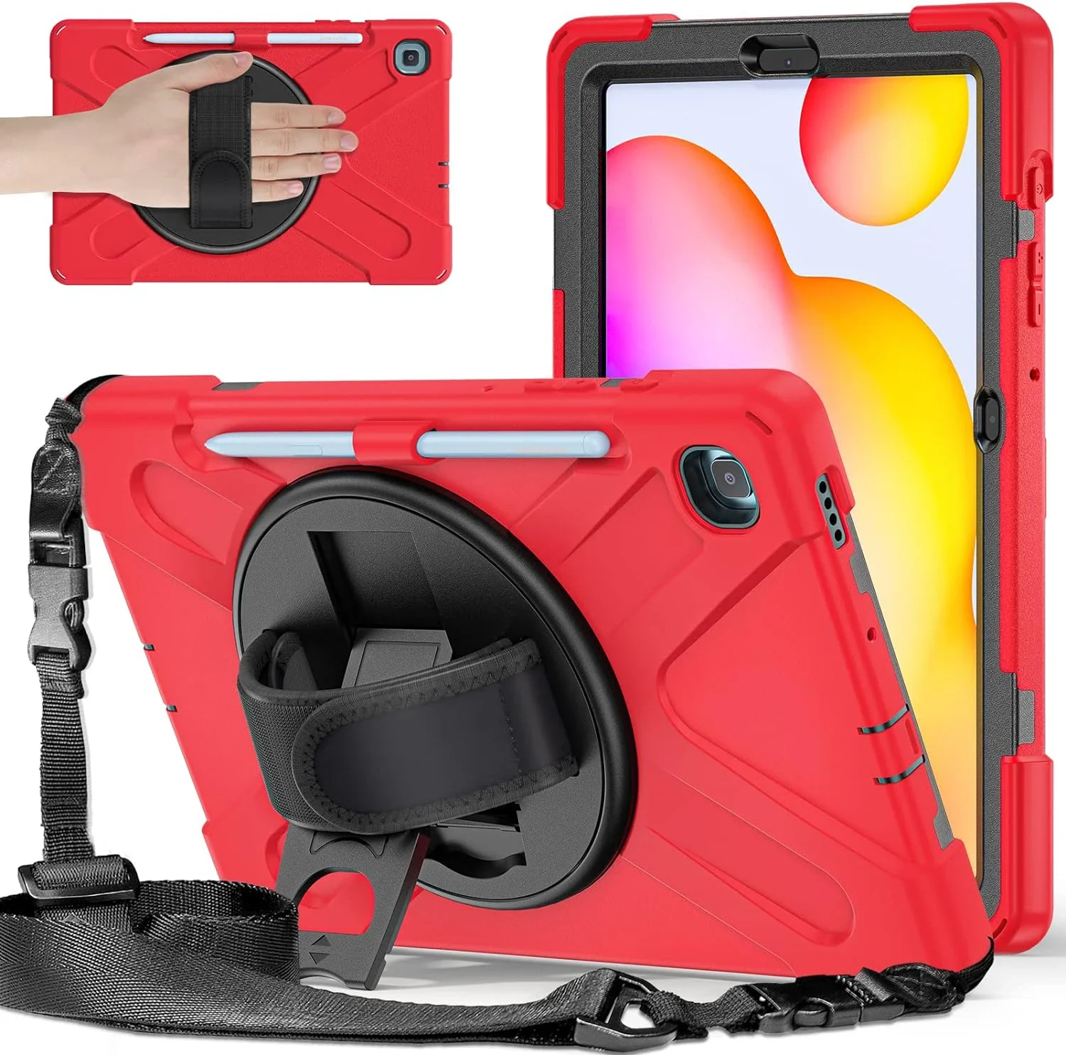 삼성 갤럭시 탭 S6 라이트 케이스, 10.4 인치 2024 2022 2020 헤비 듀티 보호 회전 스탠드 핸드 스트랩, 펜꽂이 포함 