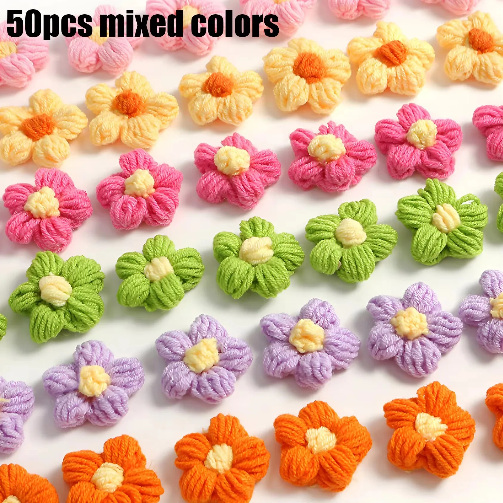 50 handgehäkelte Blumen – perfekt für Bastelarbeiten, Kleidungsdekorationen und Heimdekoration; ideal für Valentinstag und Erntedankfest – Detail 1