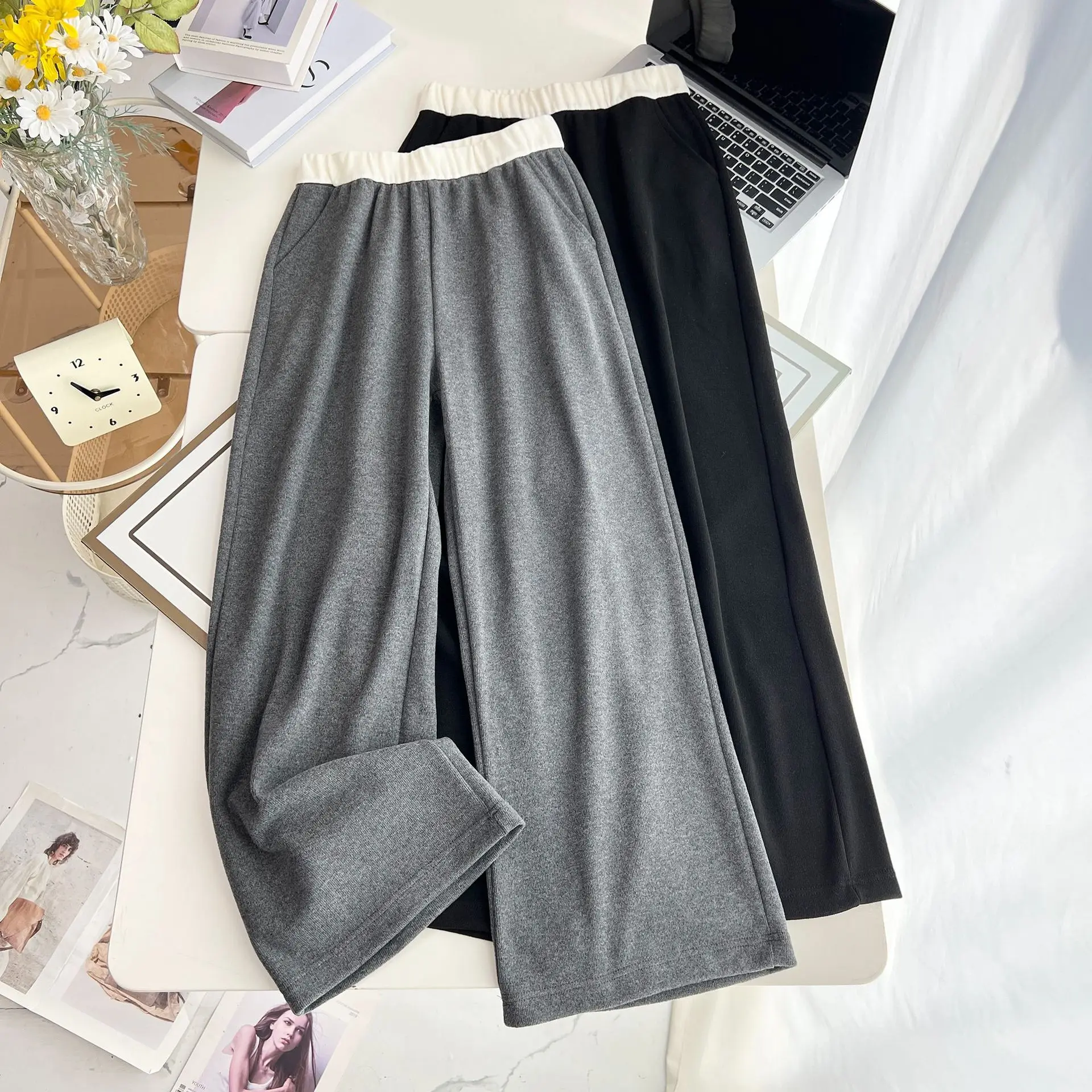 Plus Size Women's Straight Leg Pants Autumn Casual Color Blocking Hight Waisted wide-leg Trousers 387