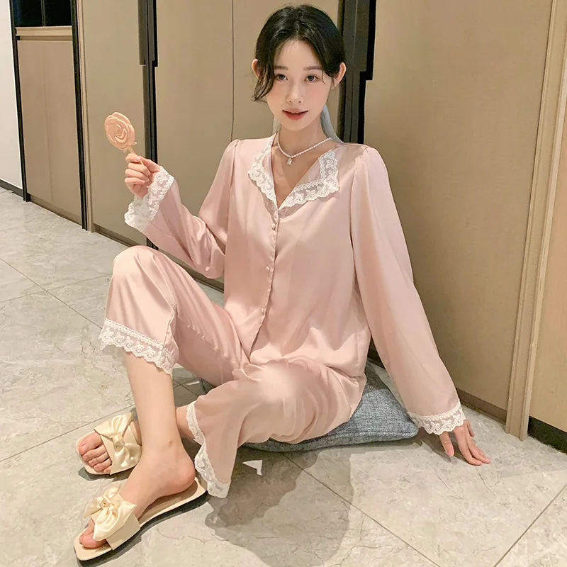

Pajama For Women Summer Silk Sweet Lace Thin Lapel Set Silk Satin Princess Style Homewear Solid Pink Sleepwear