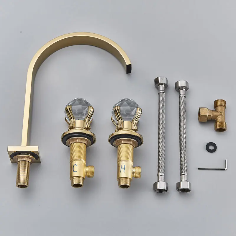 Shiny Gold Bathroom Faucet Dual Crystal Handle Hot Cold Mixer Crane Bathtub Faucet Deck Mount Tub Faucets bathroom faucet