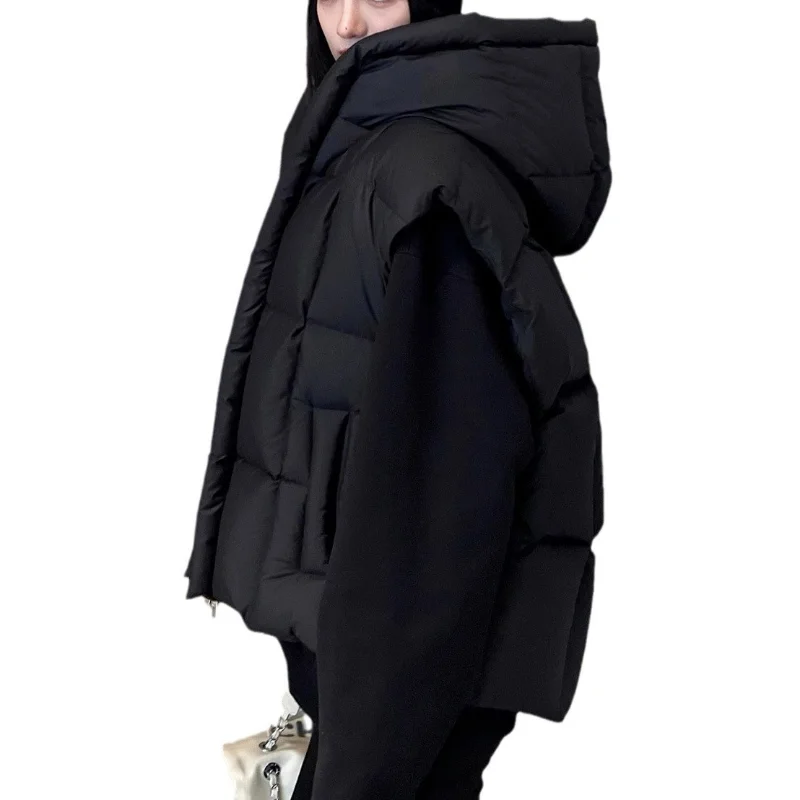 Winter Black Hooded Down Vests Coats White Duck Sleeveless Casual Fashion Women Niche Jackets Loose Keep Warm Skin-friendly Tops