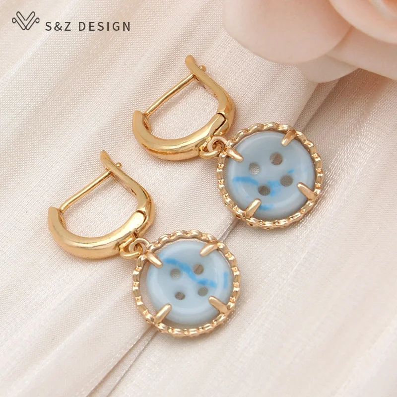 S&Z DESIGN New Fashion Personality Round Button Dangle Earrings Jewelry Sets For Women Wedding Gold Color Pendant Necklace