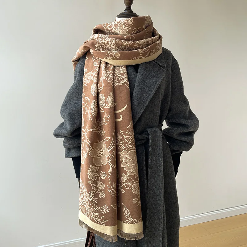2024 Luxury Floral Print Scarf for Women Warmer Winter Cashmere Pashmina Scarves Shawls Female Thick Blanket Wraps Foulard