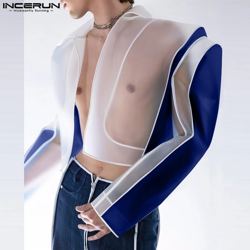 INCERUN Tops American Style Fashion Men Personality Splicing Contrast Color Suit Coat Casual Streetwear Male Long Sleeved Blazer for mens blazer
