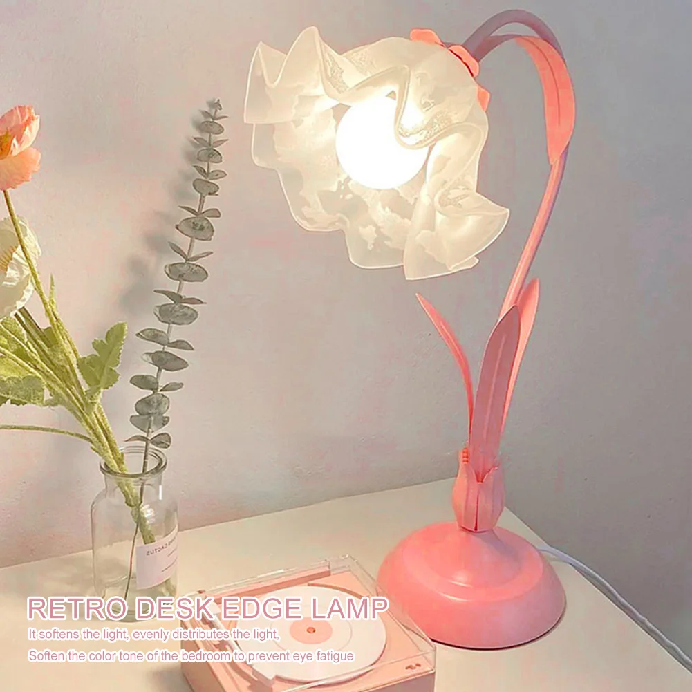 Retro Flower LED Desk Lamp Student Bedroom Room Reading Decor Lamp Eye Protection Atmosphere Sense Bedside Lamp Table Light E26 4