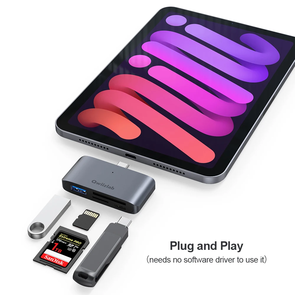 Qwiizlab 4-в-1 устройство для чтения SD-карт MicroSD 5 Гбитс USB 3,0 Type-C хаб адаптер для MacBook iMac iPad Surface Pro (серый) (art.: 3920c2fdcfba7) - 3920c2fdcfba7