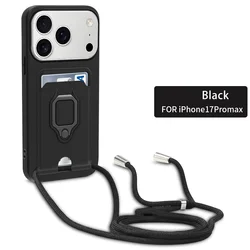 Crossbody Lanyard Silicone Ring Holder with Card Wallet and Slide Camera Cover - iPhone 15 Plus (Black)