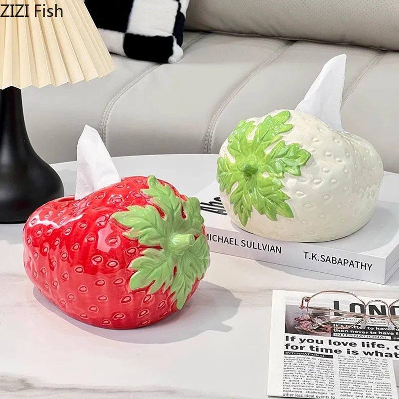 Cute Strawberry Shape Ceramic Tissue Box Coffee Table Desk Decoration Strawberry Tissue Box Bedside Table Paper Towel Case 2