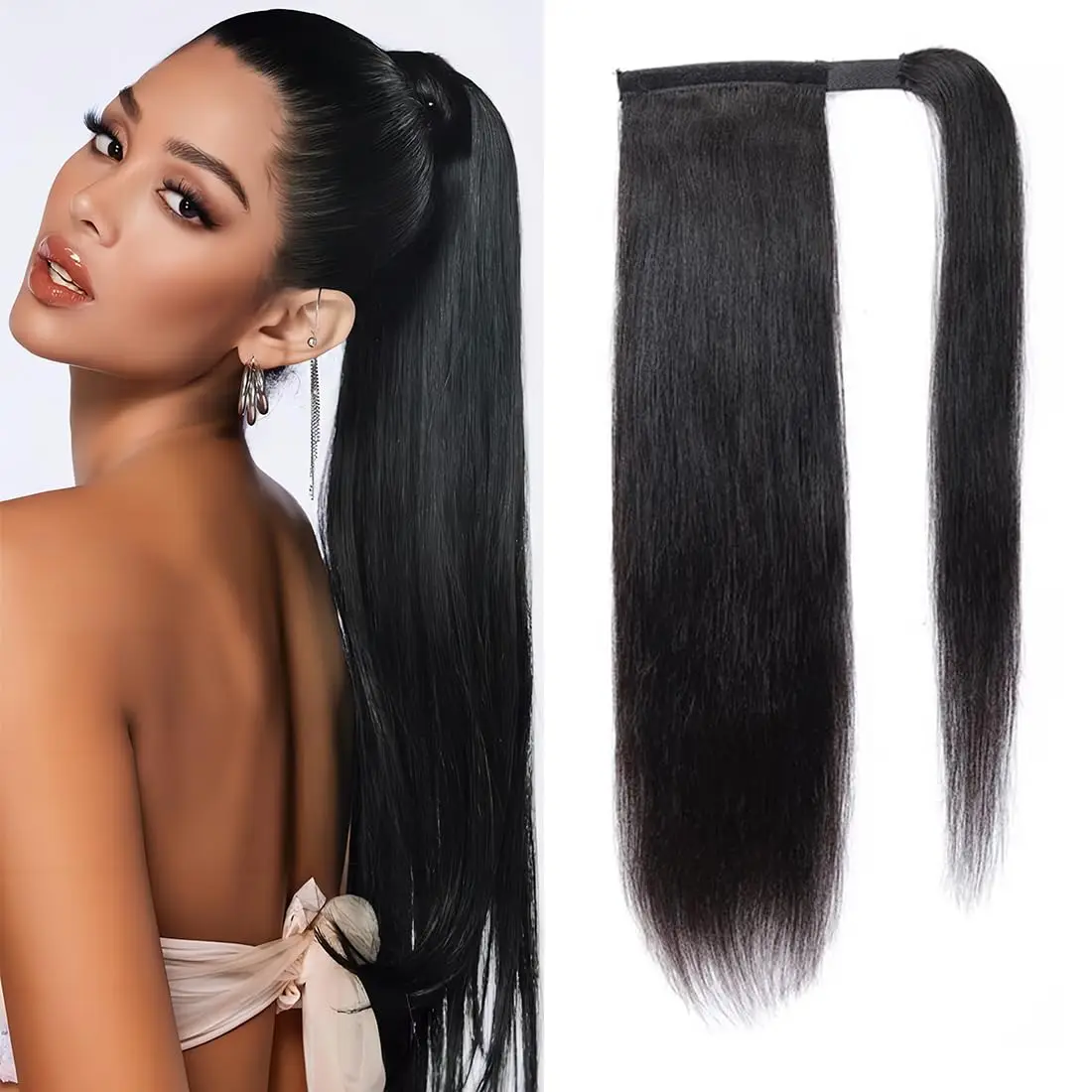 Ponytail Extension 100% Real Human Hair Ponytail Silky Straight Wrap Around Jet Black Clip in Hair Extension Woman human hair extensions