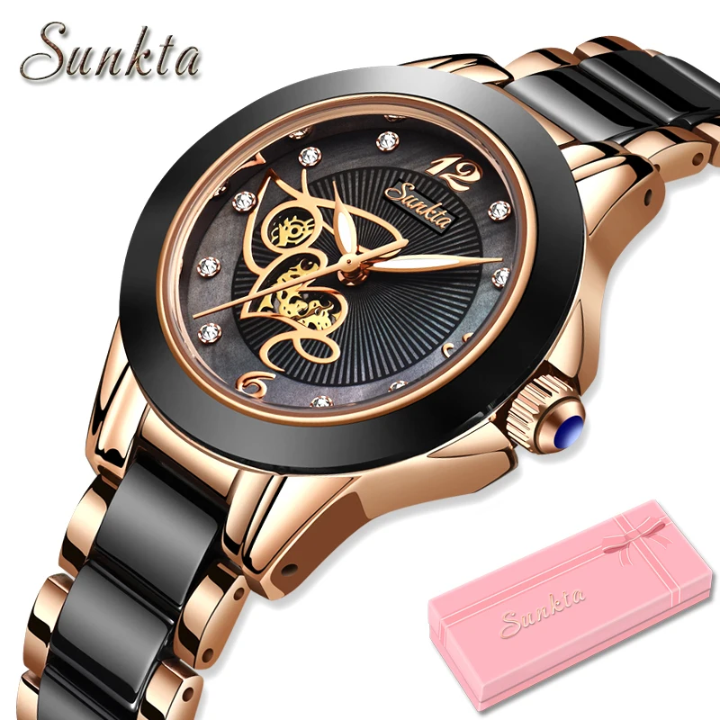 SUNKTA Brand Luxury Women Watches Black Ceramic Diamond Ladies Watch Waterproof Quartz Wristwatch Relogios Femininos Clock Gift lige brand sunkta women watch waterproof roman numeral fashion retro classic small gold ladies watch quartz watches montre femme