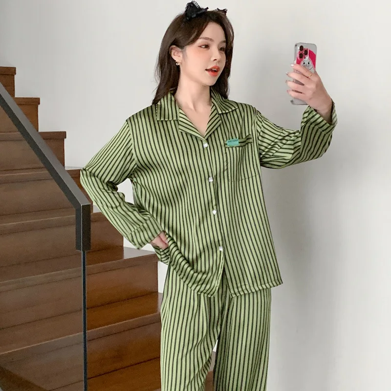Women 2 Piece Pajamas Sets Green Striped Pijama Faux Silk Satin Lapel Pyjama Female Sleepwear Long Sleeve Shirt Pants Homewear