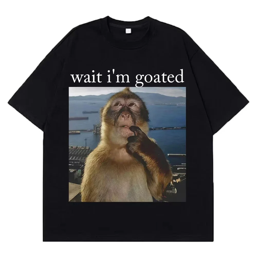 Men's Wait I'm Goated Funny Thinking Monkey Pattern Printed 100_ Pure Cotton Unisex Short-sleeved T-shirt, Fun Meme Clothing Top