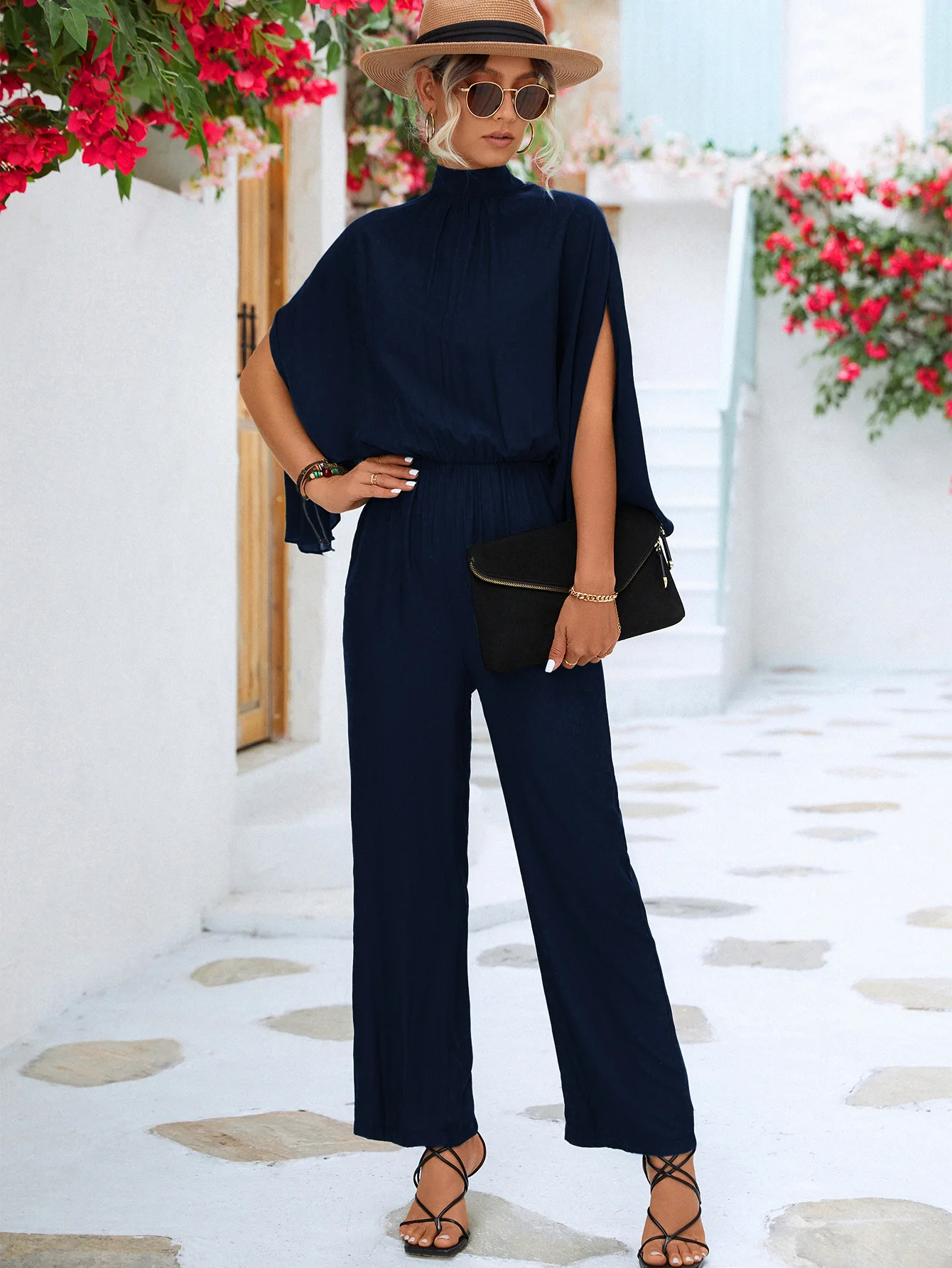 Elegant Women Jumpsuits Spring Loose Stand Collar Split Sleeve Office Romper Fashion Solid colors Overalls Streetwear Female