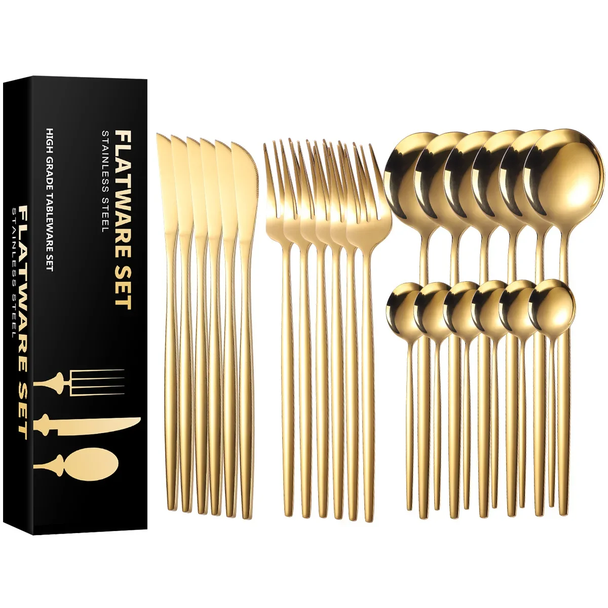 

24Pcs Stainless Steel Dinnerware Set Black Gold Cutlery Spoon Fork Knife Western Cutleri Silverware Flatware Tableware Supplies