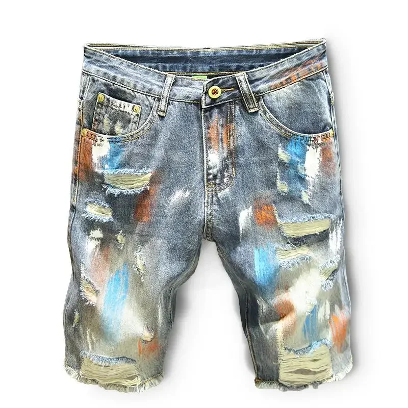 Men's Distressed Graffiti Denim Shorts