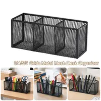 Simple 3/4/5/6 Grids Metal Mesh Desk Organizer Rectangle Durable Pen Holder Cosmetics Brush Storage Box Office Home Supplies 3