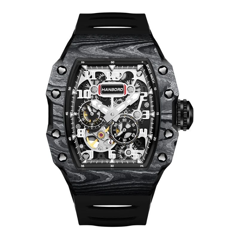 

HANBORO Men Automatic Watch 50mm Luxury Mechanical Wristwatch Luminous Tonneau Case 50M Waterproof Skeleton Carbon Fiber Bezel