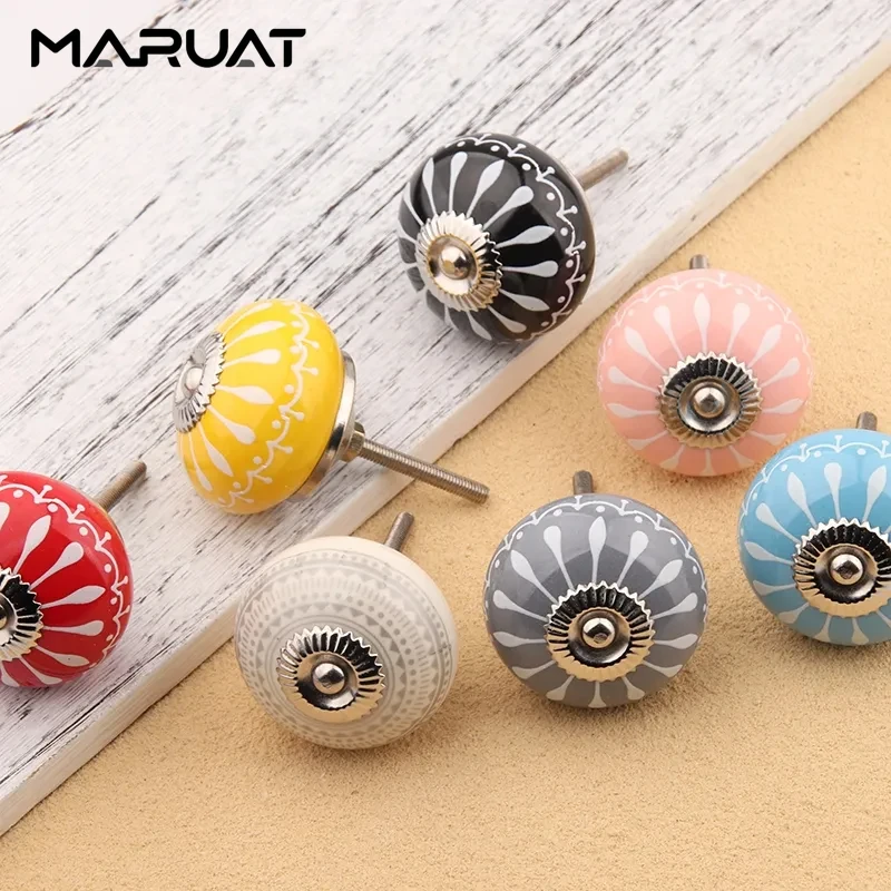 Винтажная керамическая круглая кухонная утварь в пасторальном стиле, разноцветные ручки для мебели