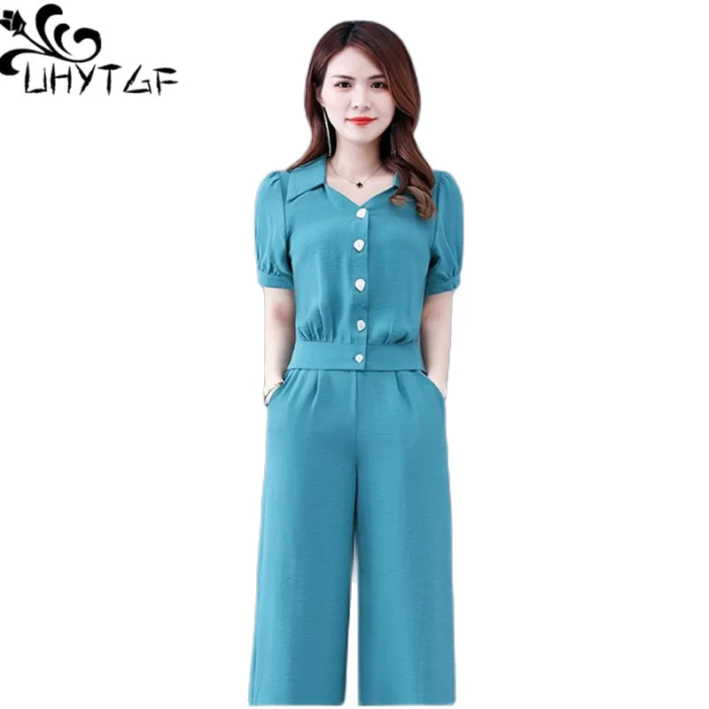 

UHYTGF Fashion Women's Suit Single-Breasted Short Top+Wide-Leg Pants Summer Two-Piece Set Temperament Female Casual Tracksuit 36