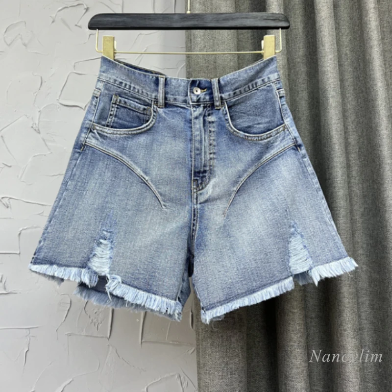 plus size clothing Denim Shorts Womens Summer 2022 Korean Style Blue Tassel Jeans Retro High Waist Make Old Ripped Female Clothes miss me jeans