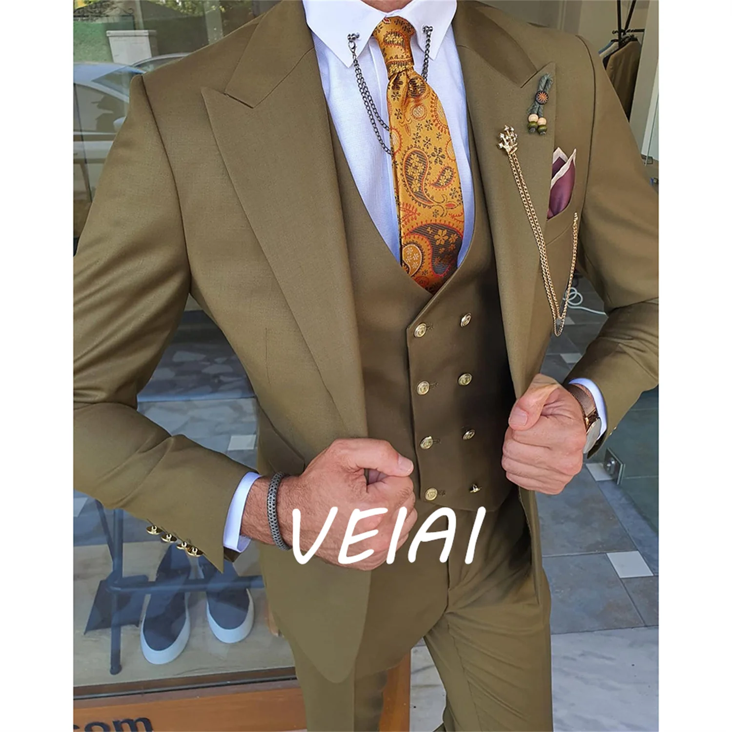 

3 Pcs Blazer Men Suit Peaked Lapel Single Breasted White Brown Wedding Bridegroom Slim Fit 2023 (jacket+vest+pants)Costume Homme