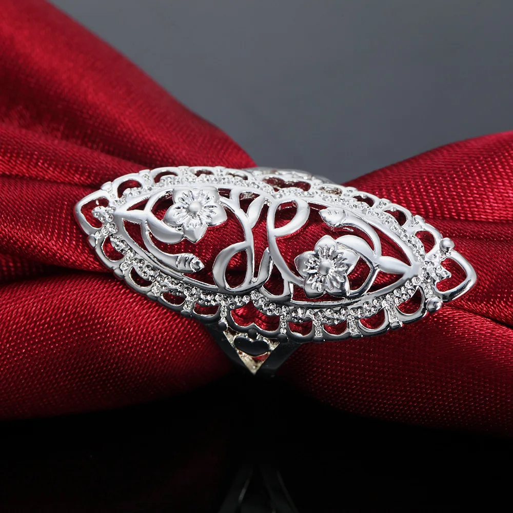 

New 925 Sterling Silver Rings for Women Fine Retro Hollow Wide Flower Fashion Party Gifts Girl Student Charm Wedding Jewelry