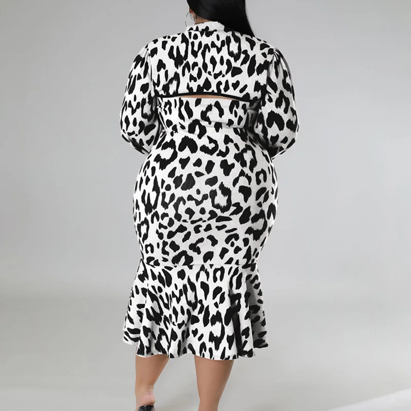 Lady Stand Collar Leopard Printing Lantern Long Sleeve Plus Size Hollow Out Slim Hem Splicing Ruffles Bag Hip Autumn Midi Dress