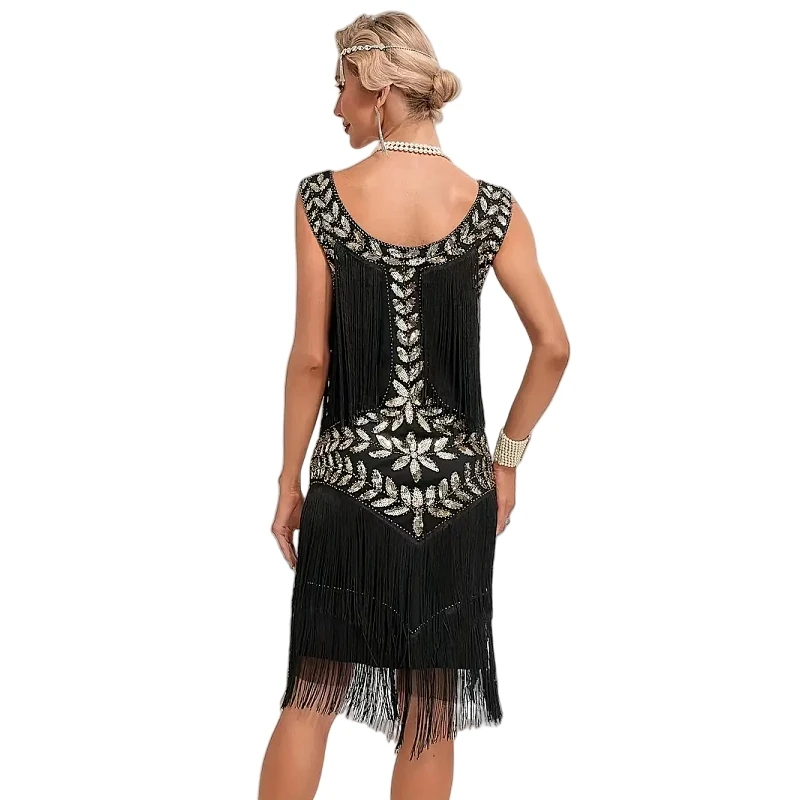 1920s Sleeveless Flapper Dresses Scoop Neck Great Gatsby Dresses Fringed Sequin Roaring 20s Dress Cocktail Party Costume 5