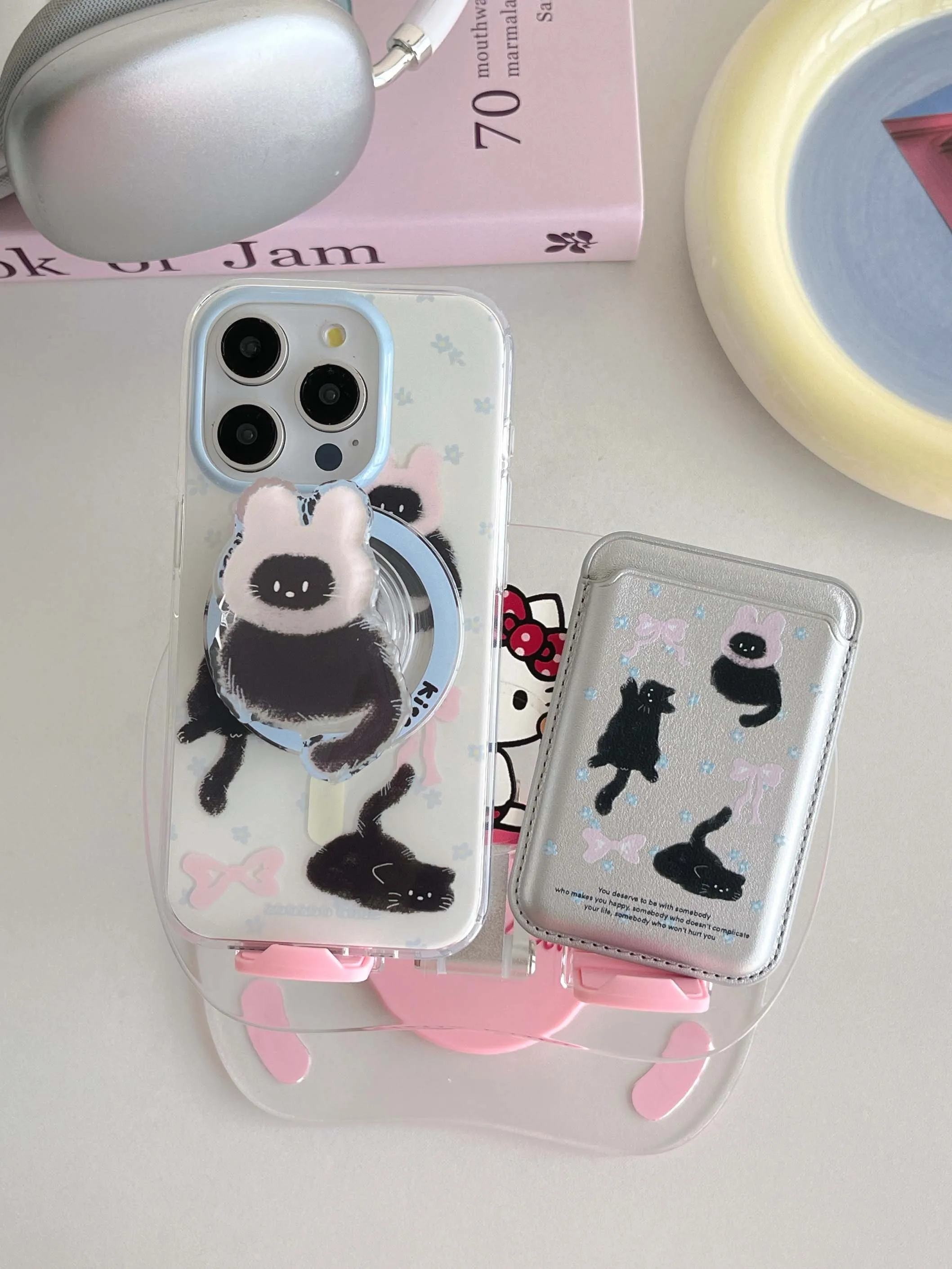 Cartoon Magnetic Stand Holder Phone Case with Cute Cat Design - High Quality IMD Back Cover