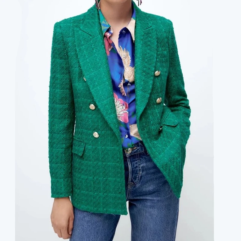 

2023 Spring Autumn Fashion New Texture Double Breasted Long Sleeve Pocket Casual Slim Blazer Women's Trend