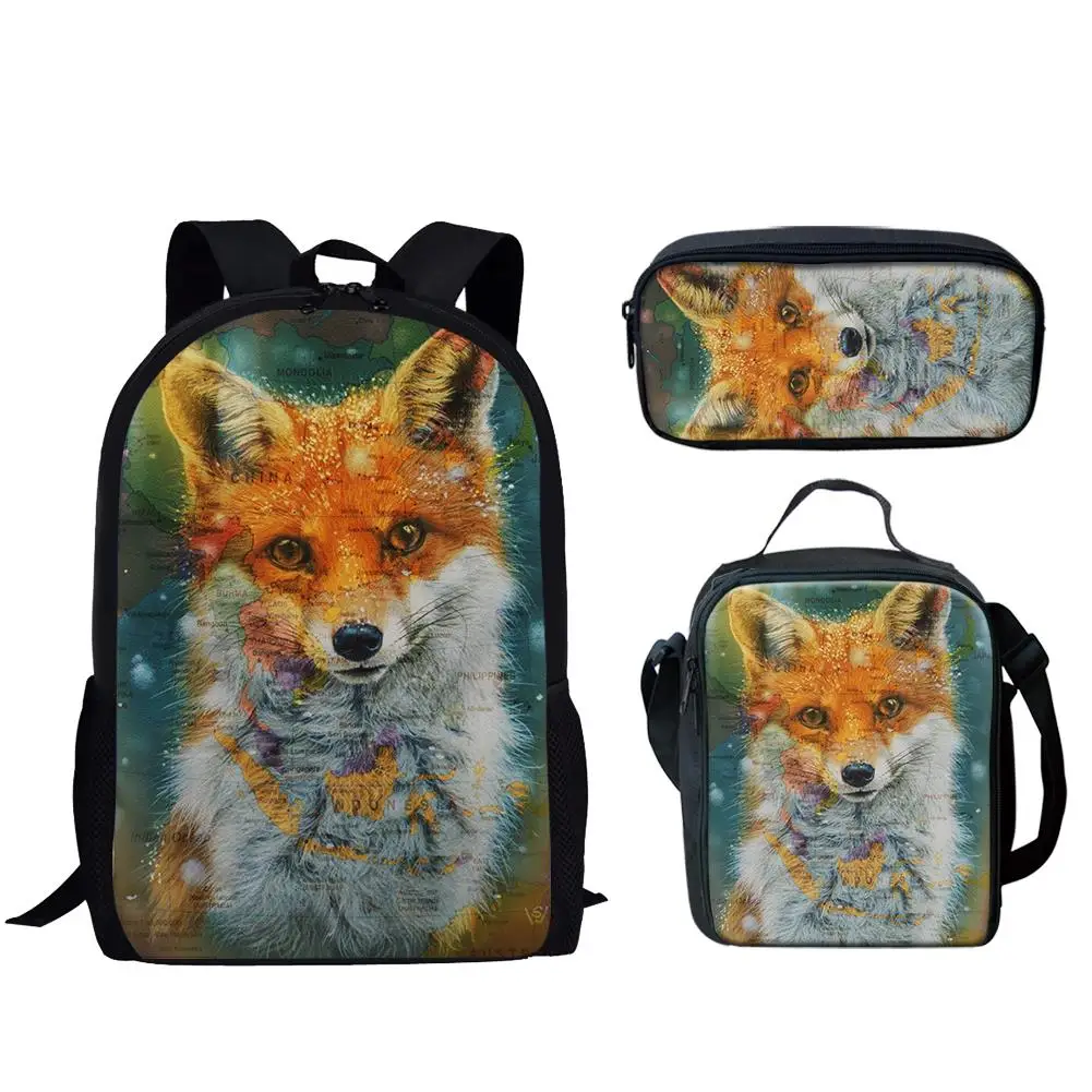 Harajuku Classic Funny Fox 3pcs/Set Backpack 3D Print Student Large Capacity Bag Travel Laptop Daypack Lunch Bags Pencil Case