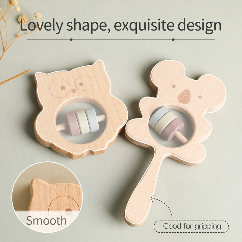 Baby Rattles Cute Wooden Animal Koala Handbells Toy for Kids Baby Newborn Accessories Educational Toys Teether Items
