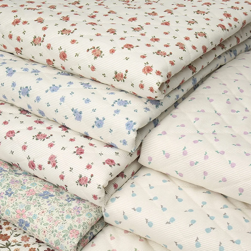 Quilted Corduroy Cotton Fabric with Floral Print for Winter Clothing and DIY Sewing