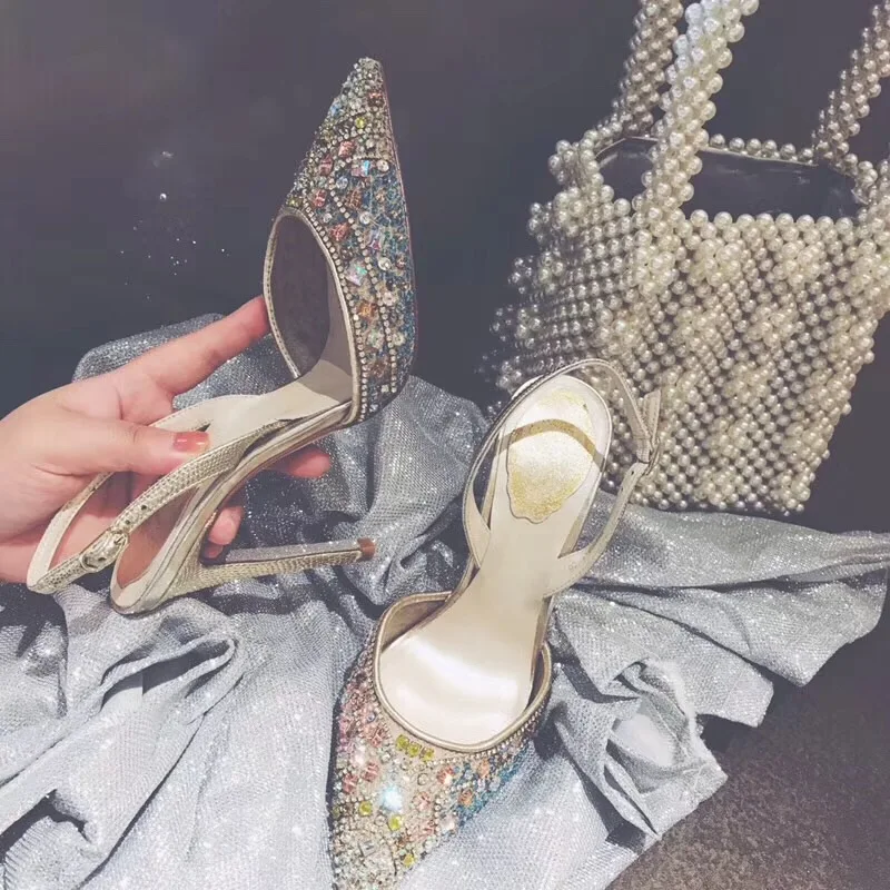 Spring and summer new sexy pointed rhinestone stiletto shoes women's banquet dress wild custom small size bridal wedding sandals