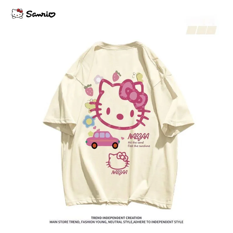 

Fashion Hello Kitty Cotton T-shirt Kawaii Sanrio Cartoon Printed Breathable Short Sleeve Casual Baggy Boy Girl Clothes Top 2023