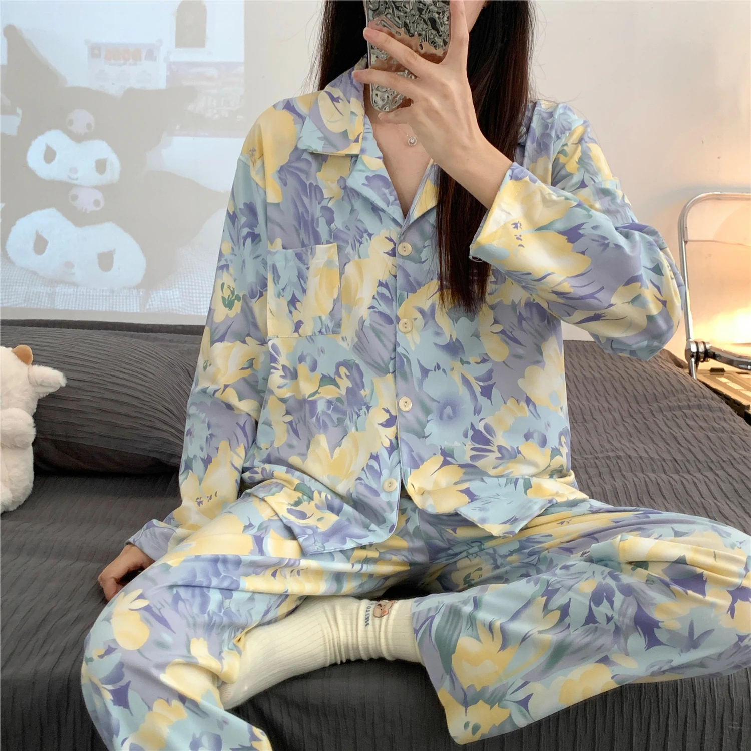 Black Phnom Penh new autumn and winter long-sleeved cardigan button pajamas women's simple casual solid color home service