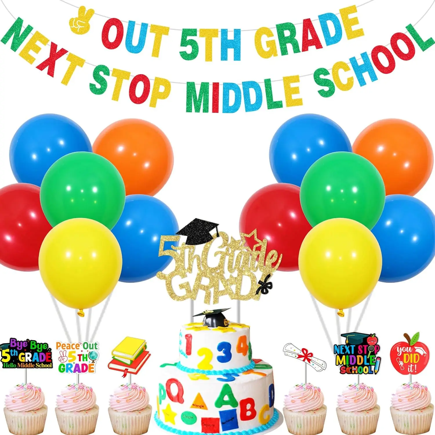 

5th Grade Graduation Party Decor Next Stop Middle School Banner Cake Toppers Set Balloons Kit 2024 Graduation Congrats Grad