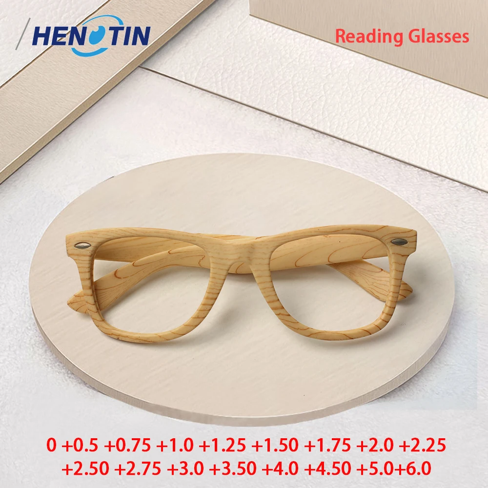 Henotin Holzmaserung, dekorative Lesebrille für Herren und Damen, HD-Federscharnierbrille, Dioptrien 0–600