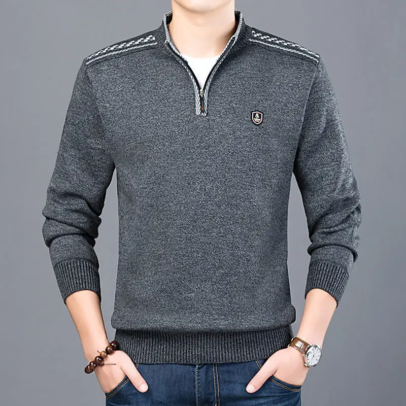 Korean Casual Autumn Winter New Sweater Men's Half High Zip Collar Solid Emblem Knit Jacquard Thickened Trendy Long Sleeved Top