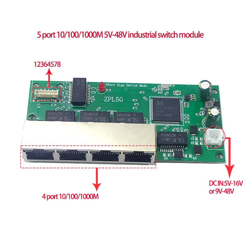 5포트 10/100/1000M 5V-16V, 9V-48V 이더넷 네트워크 산업용 스위치 모듈