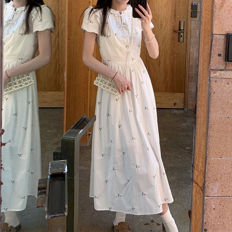 

Ygolonger New Casual Style Embroidered Flower Dress 2023 White Female Summer Niche Art Retro Long Thin A Line Skirt Slim Waist